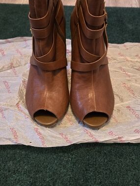 BCBGeneration Tan Brown Peep-Toe Strappy Ankle Boots